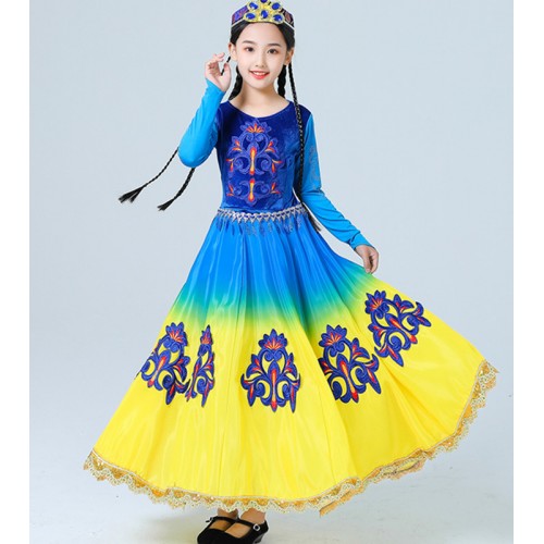 Girls children red blue Chinese Xinjiang dance costumes kids minorities Uyghur dance long skirts 